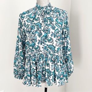 LOFT Ruffle Floral Blouse Long Sleeve Tunic Top Boho Flowy Blue XS